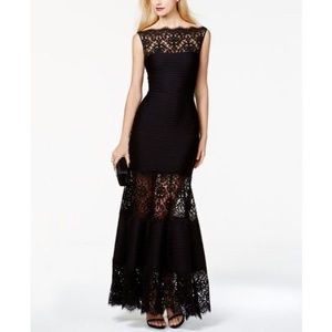 Tadashi Shoji Black Illusion Embroidered Lace Pintuck Jersey Gown -- Size PXS